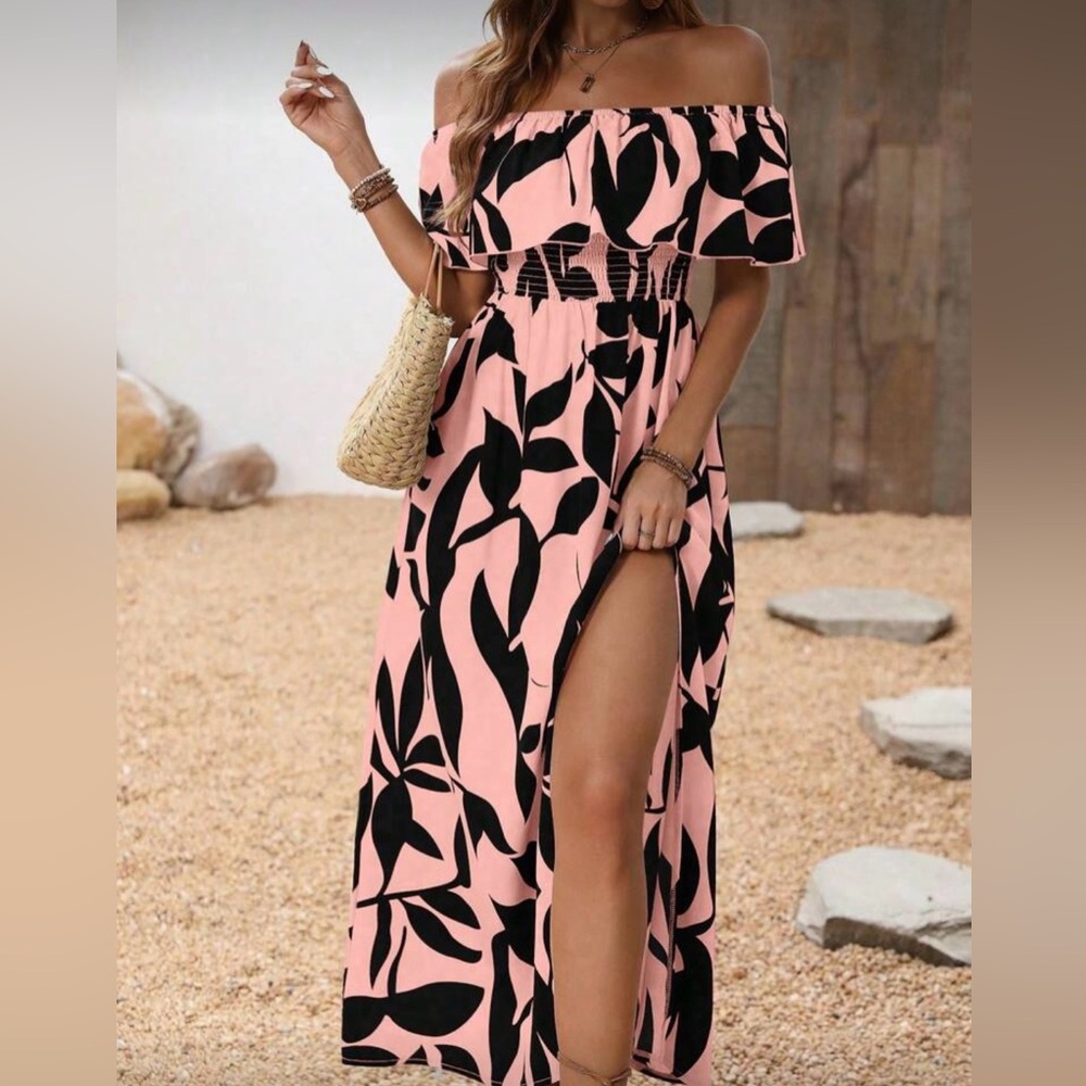SHEIN Off-Shoulder Pink and Black Maxi Dress